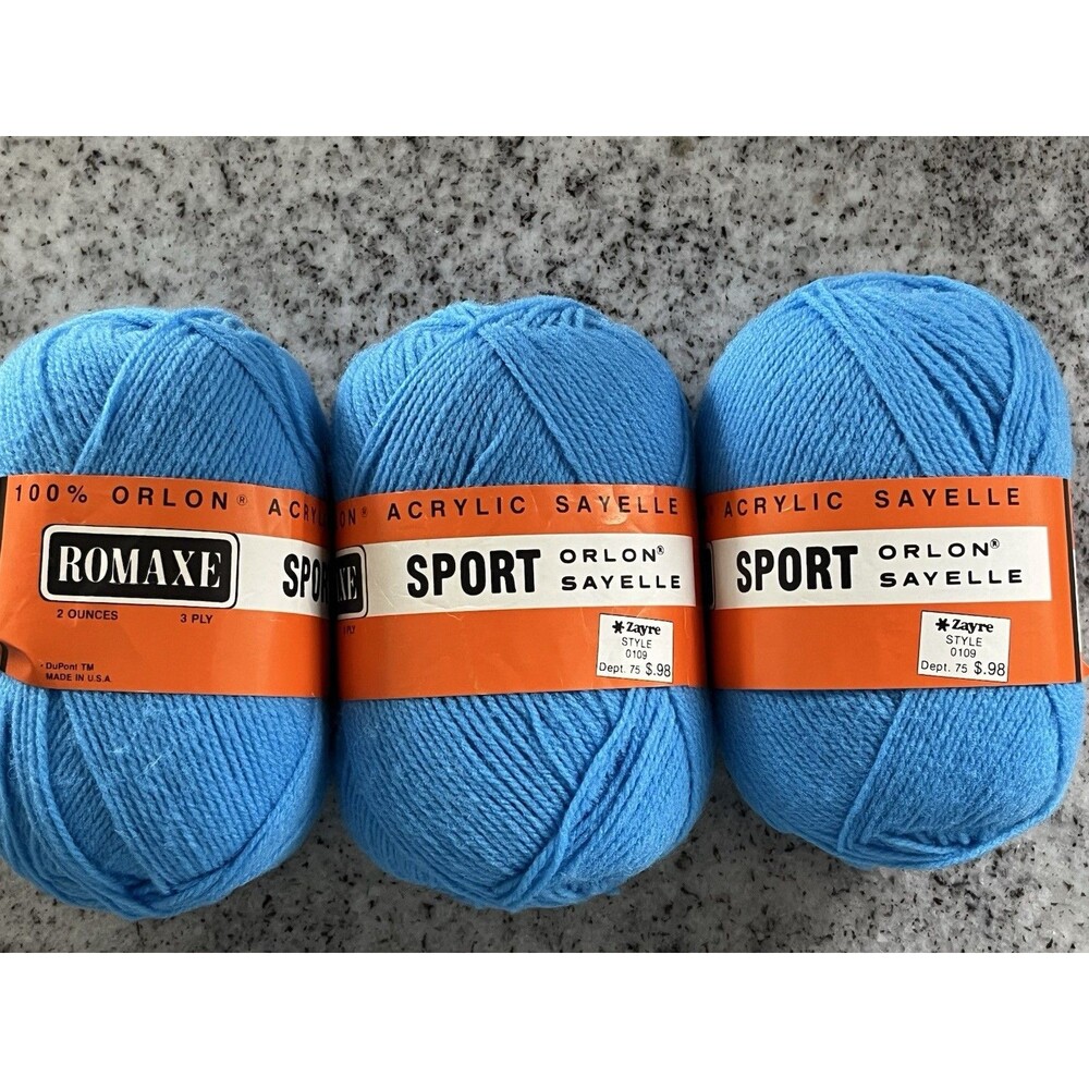 Vintage Romaxe Sport Orlon Sayelle Yarn Medium Blue 57 3 Ply Lot of 3 NOS